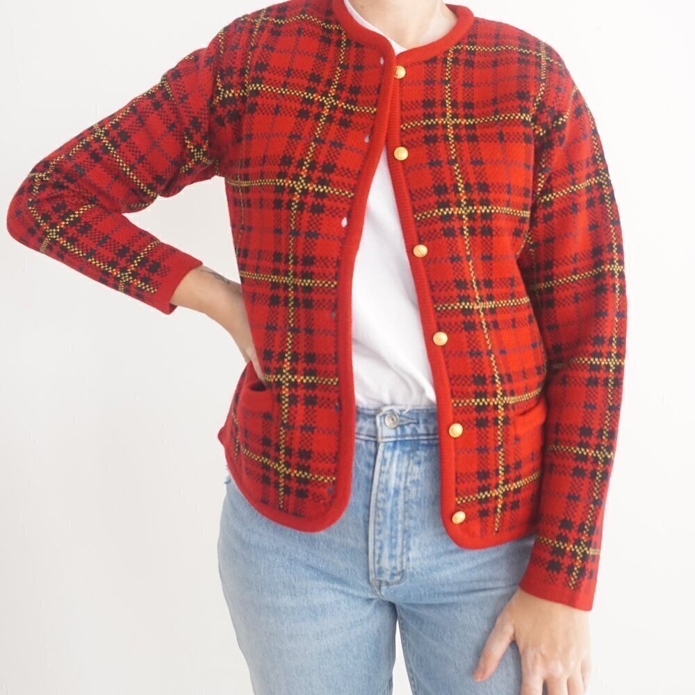 Vintage Classic Elements Red Black Tartan Button Up Cardigan Sweater PS